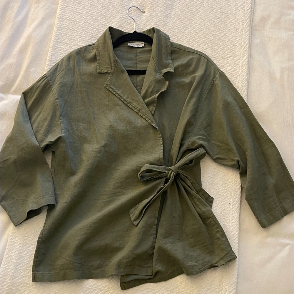 LARA G Army Green Linen Wrap Shirt